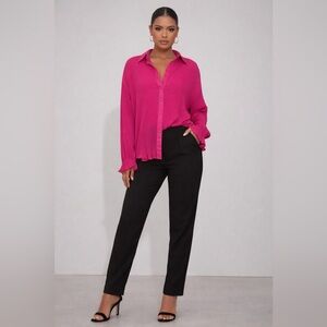 Viral Pretty Little Thing HOT PINK PLISSE BUTTON FRONT OVERSIZED SHIRT